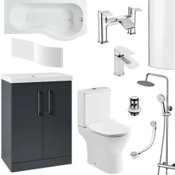 Erin Complete Bathroom Suite with 1700mm P Shaped Shower Bath & Rimless Toilet