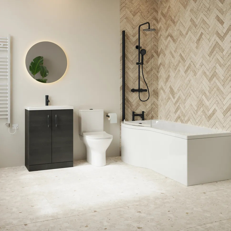 Erin Complete Matt Black Bathroom Suite with 1700mm P Shaped Shower Bath & Rimless Toilet