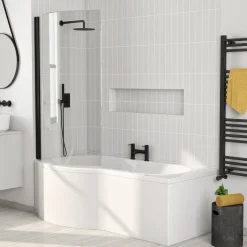 Erin Complete Matt Black Bathroom Suite with 1700mm P Shaped Shower Bath & Rimless Toilet