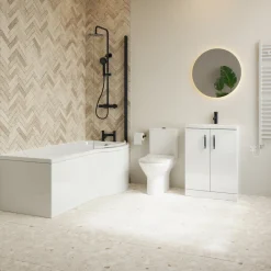 Erin Complete Matt Black Bathroom Suite with 1700mm P Shaped Shower Bath & Rimless Toilet