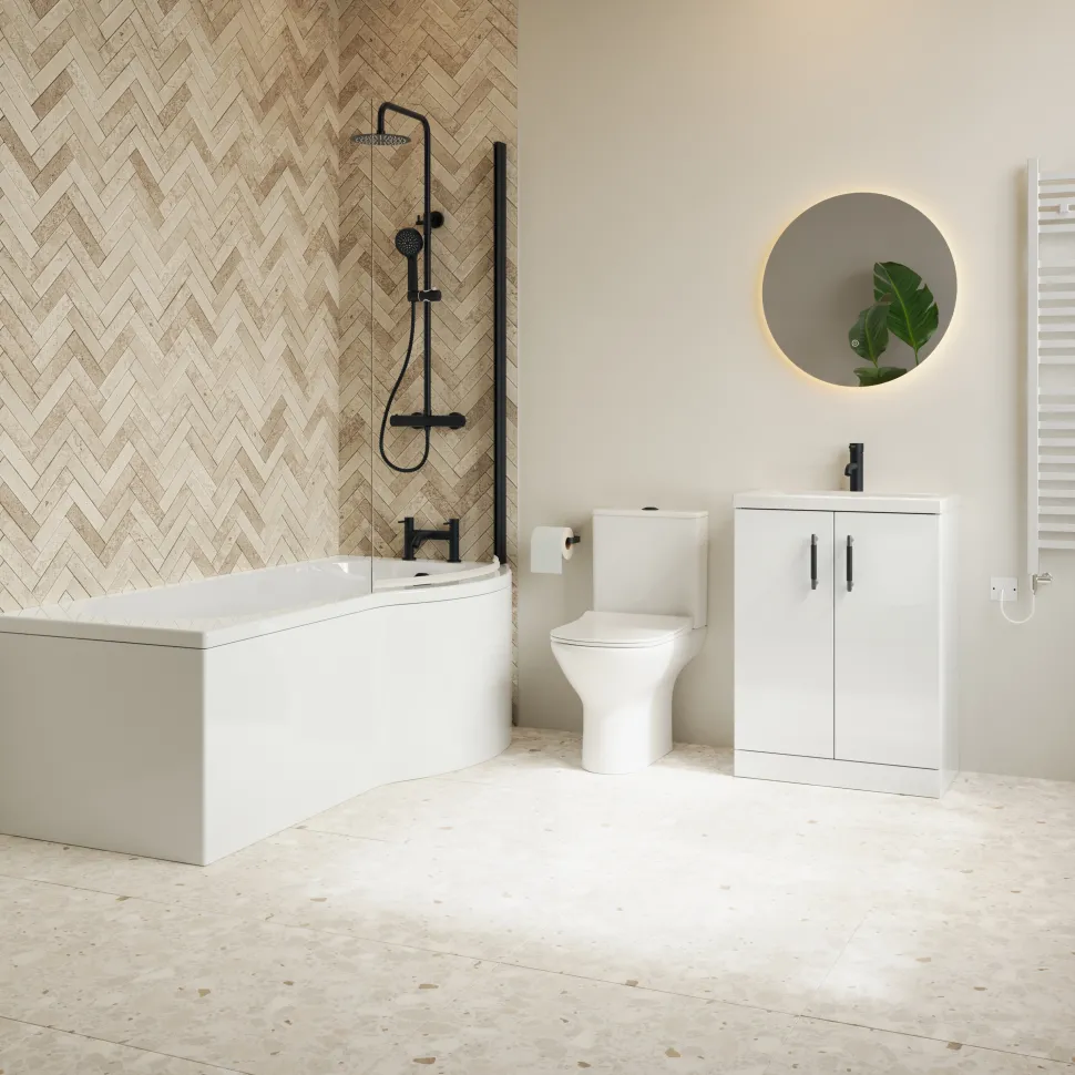 Erin Complete Matt Black Bathroom Suite with 1700mm P Shaped Shower Bath & Rimless Toilet