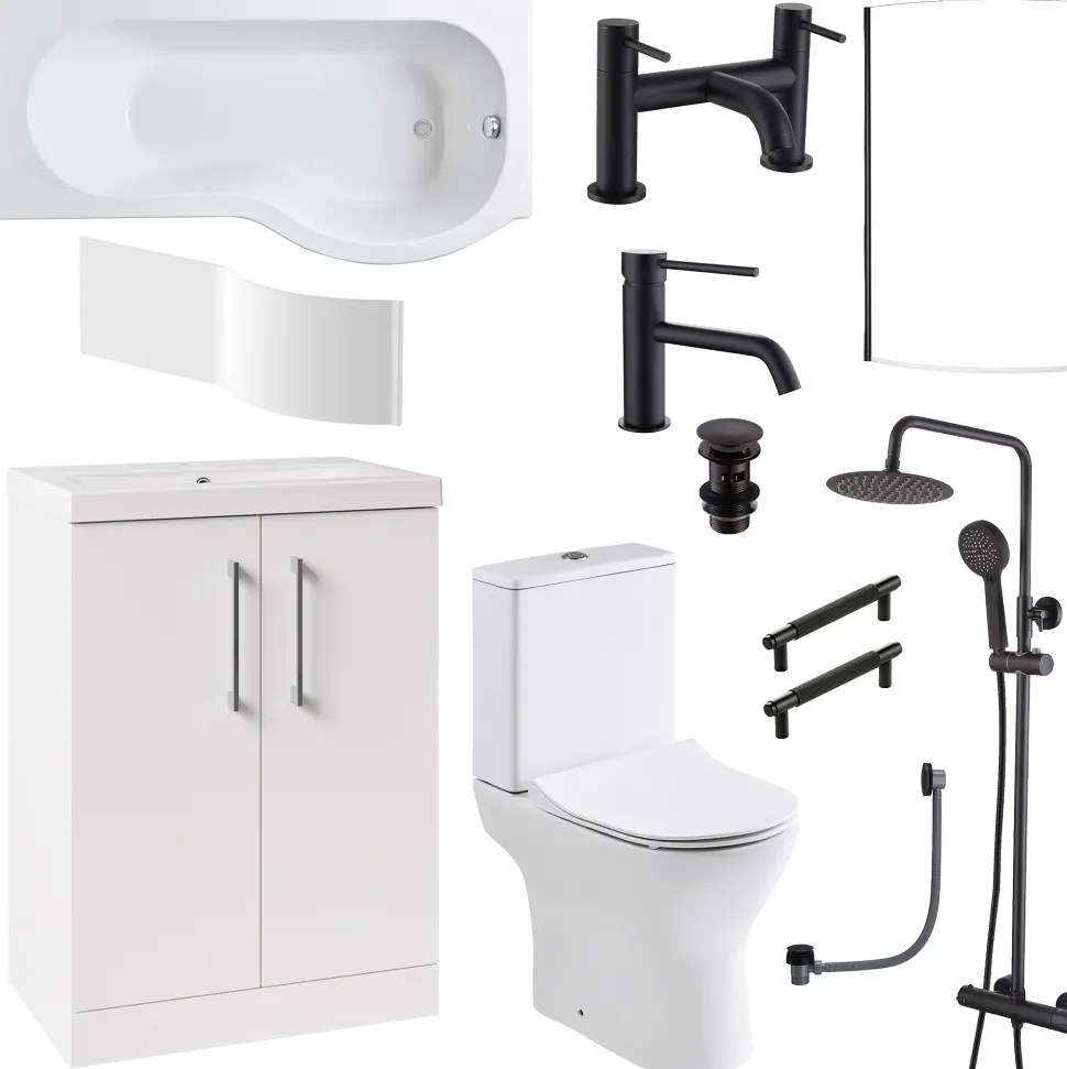 Erin Complete Matt Black Bathroom Suite with 1700mm P Shaped Shower Bath & Rimless Toilet