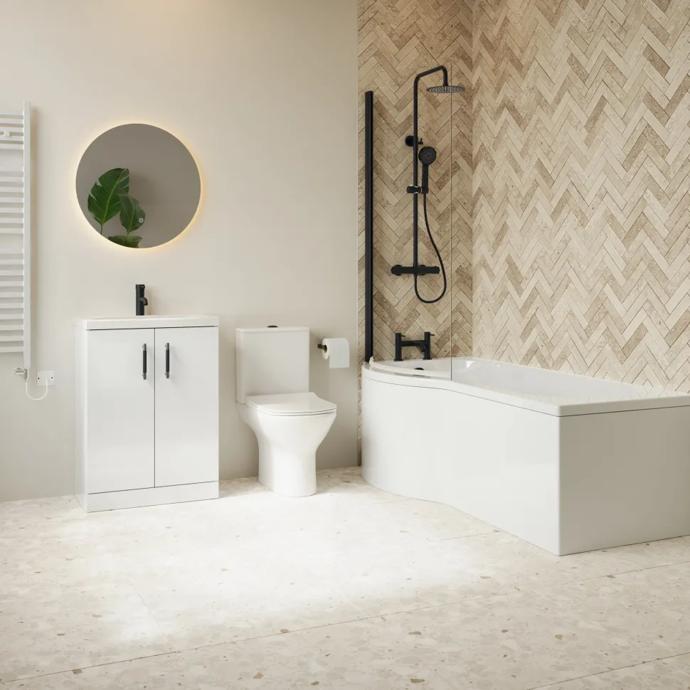 Erin Complete Matt Black Bathroom Suite with 1700mm P Shaped Shower Bath & Rimless Toilet