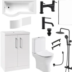 Erin Complete Matt Black Bathroom Suite with 1700mm P Shaped Shower Bath & Rimless Toilet