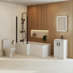 Erin Complete Modern Matt Black Bathroom Suite with 1700mm L Shaped Shower Bath & Rimless Toilet