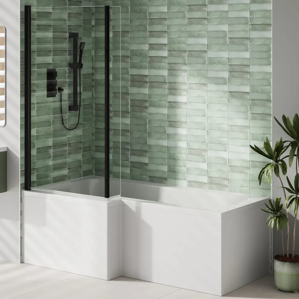 Erin Complete Modern Matt Black Bathroom Suite with 1700mm L Shaped Shower Bath & Rimless Toilet