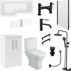 Erin Complete Modern Matt Black Bathroom Suite with 1700mm L Shaped Shower Bath & Rimless Toilet