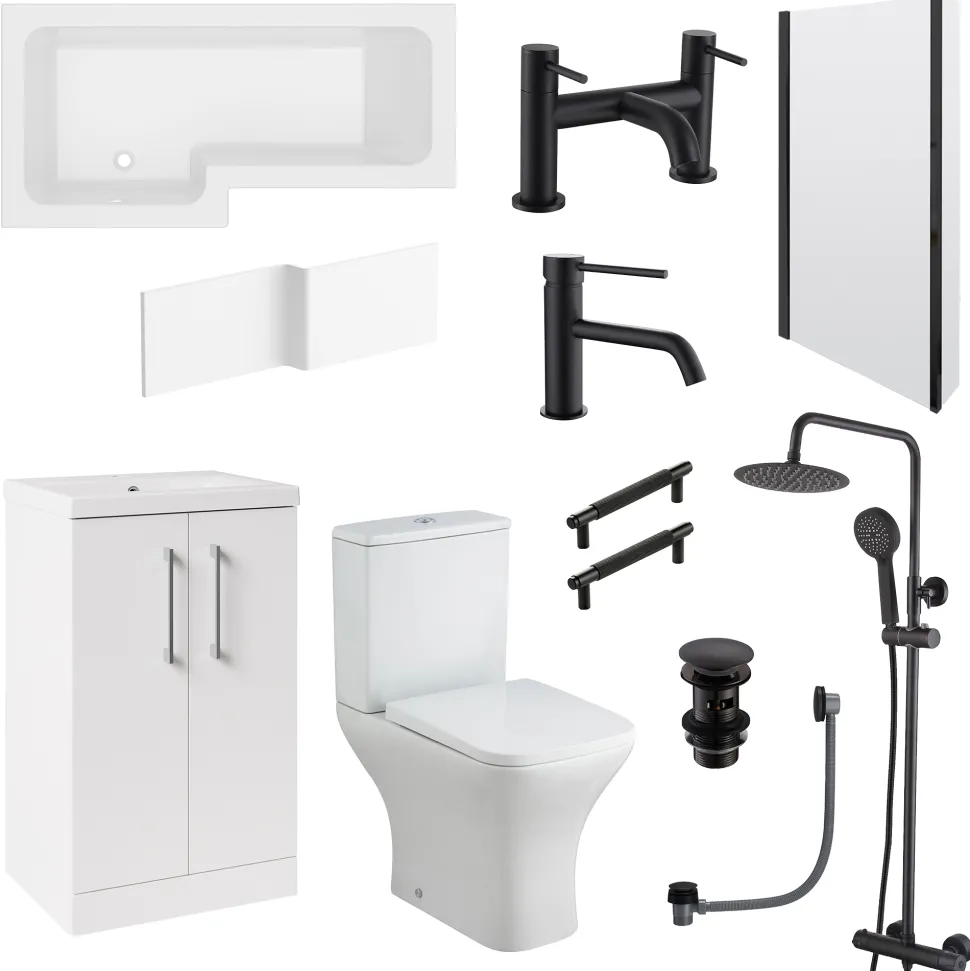 Erin Complete Modern Matt Black Bathroom Suite with 1700mm L Shaped Shower Bath & Rimless Toilet