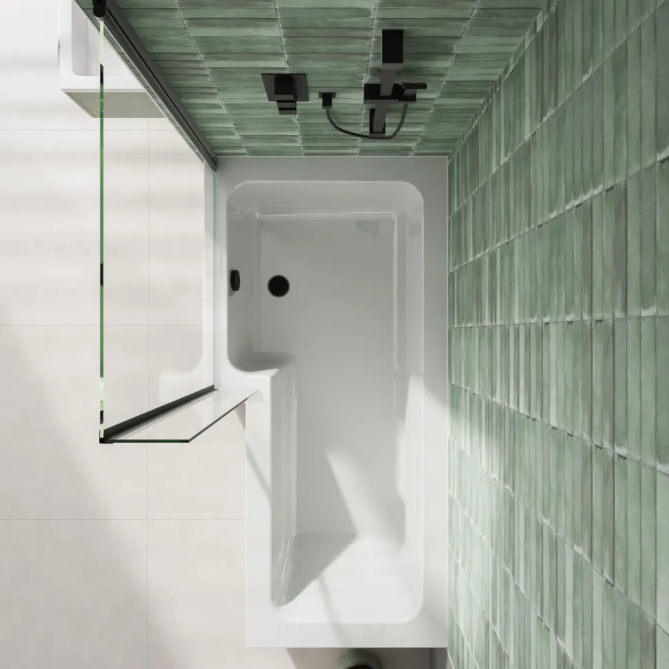 Erin Complete Modern Matt Black Bathroom Suite with 1700mm L Shaped Shower Bath & Rimless Toilet