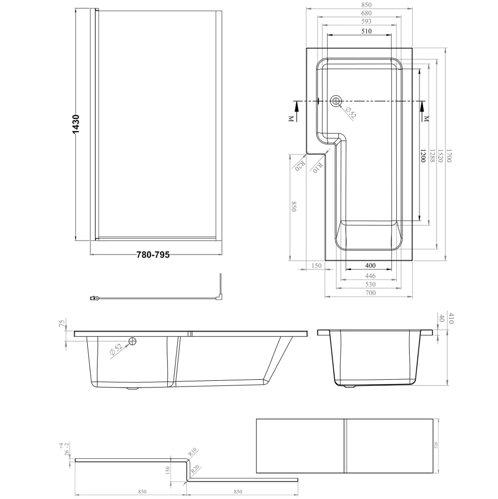 Erin Complete Modern Matt Black Bathroom Suite with 1700mm L Shaped Shower Bath & Rimless Toilet