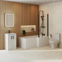 Erin Complete Modern Matt Black Bathroom Suite with 1700mm L Shaped Shower Bath & Rimless Toilet