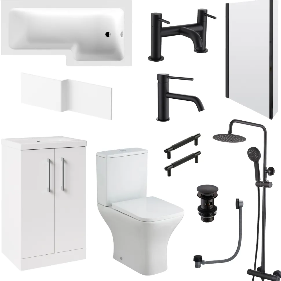 Erin Complete Modern Matt Black Bathroom Suite with 1700mm L Shaped Shower Bath & Rimless Toilet