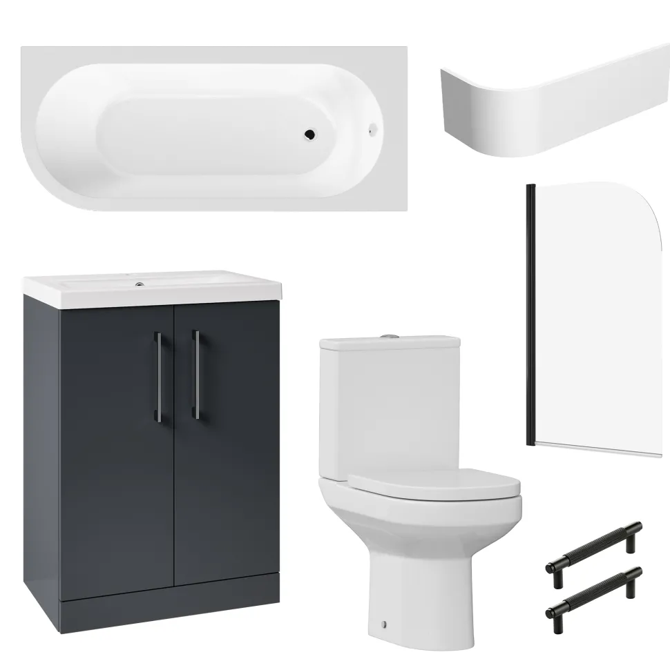Erin Matt Black Shower Bath Suite with 1700mm J Shaped Bath & Rimless Toilet