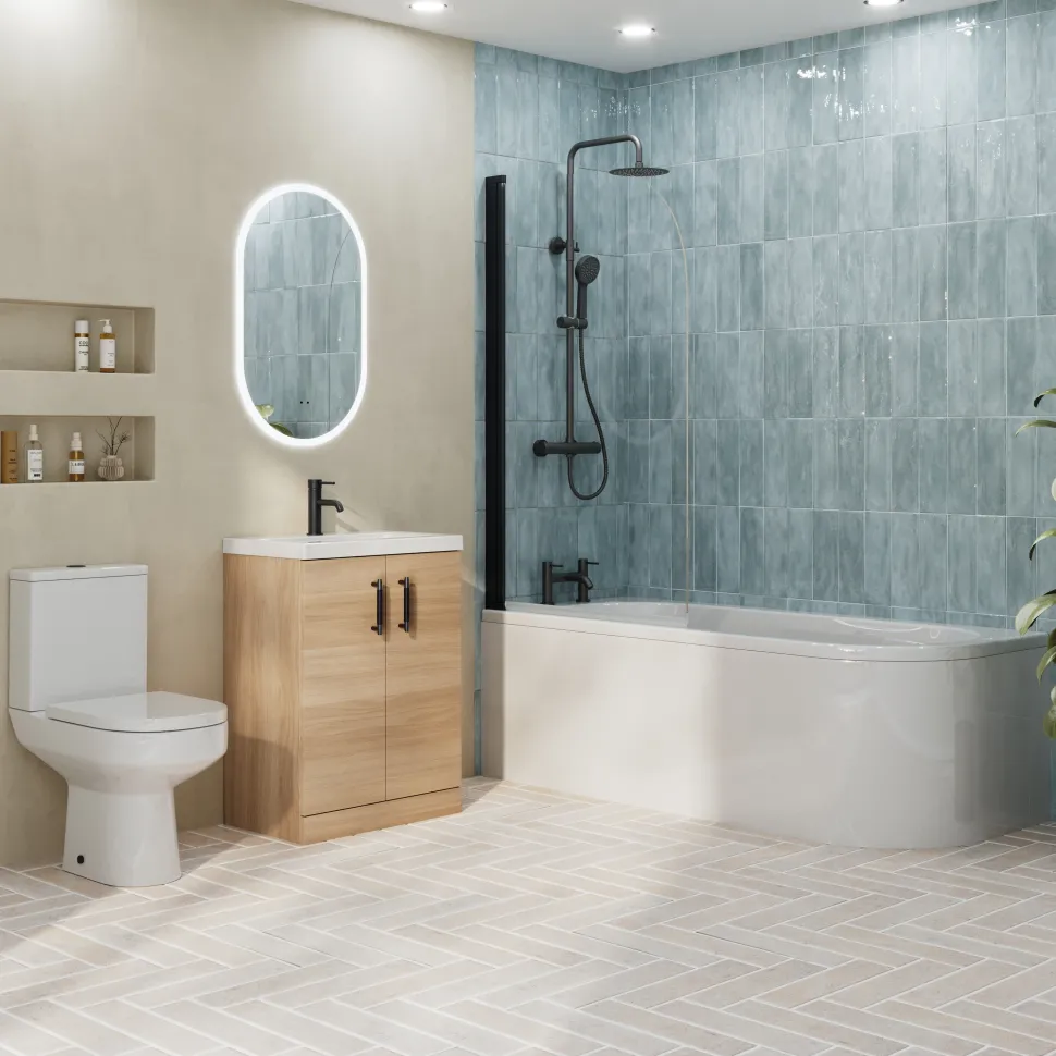 Erin Matt Black Shower Bath Suite with 1700mm J Shaped Bath & Rimless Toilet
