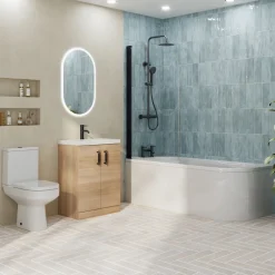 Erin Matt Black Shower Bath Suite with 1700mm J Shaped Bath & Rimless Toilet