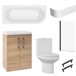 Erin Matt Black Shower Bath Suite with 1700mm J Shaped Bath & Rimless Toilet