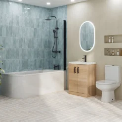 Erin Matt Black Shower Bath Suite with 1700mm J Shaped Bath & Rimless Toilet