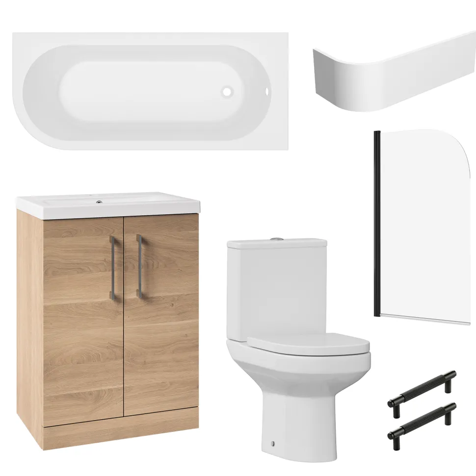 Erin Matt Black Shower Bath Suite with 1700mm J Shaped Bath & Rimless Toilet