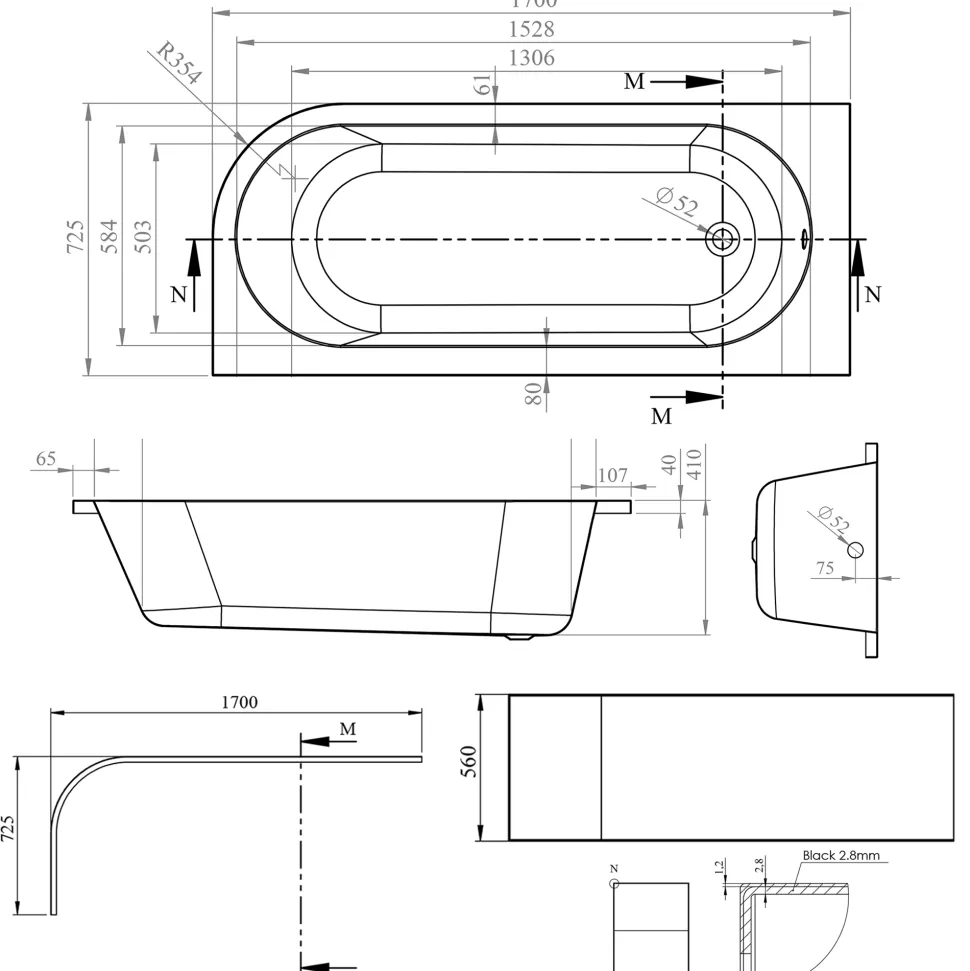 Erin Matt Black Shower Bath Suite with 1700mm J Shaped Bath & Rimless Toilet