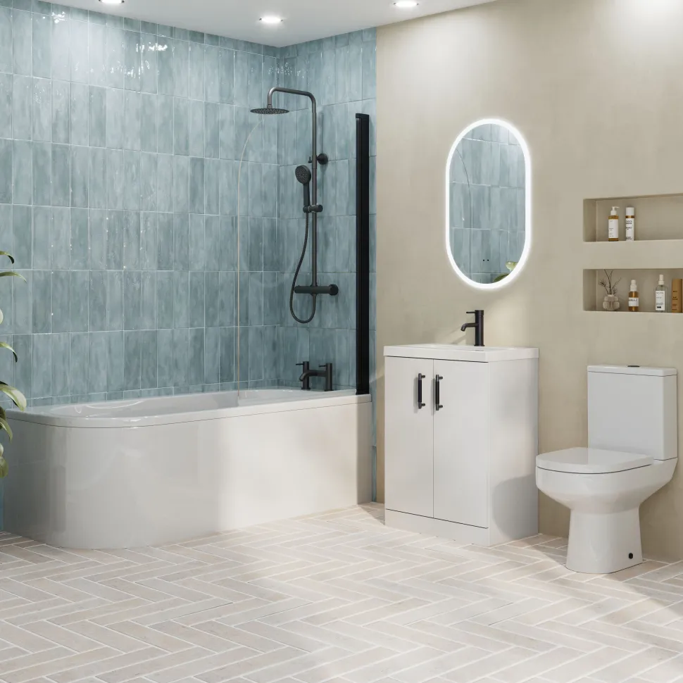 Erin Matt Black Shower Bath Suite with 1700mm J Shaped Bath & Rimless Toilet