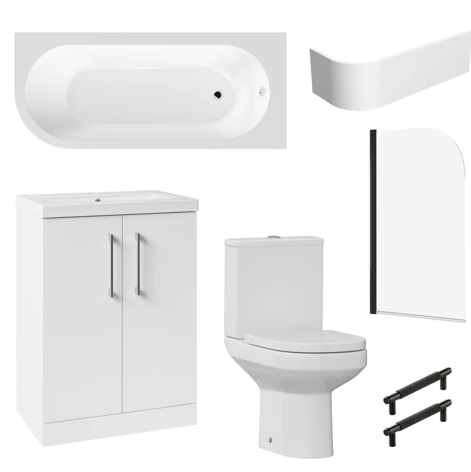 Erin Matt Black Shower Bath Suite with 1700mm J Shaped Bath & Rimless Toilet