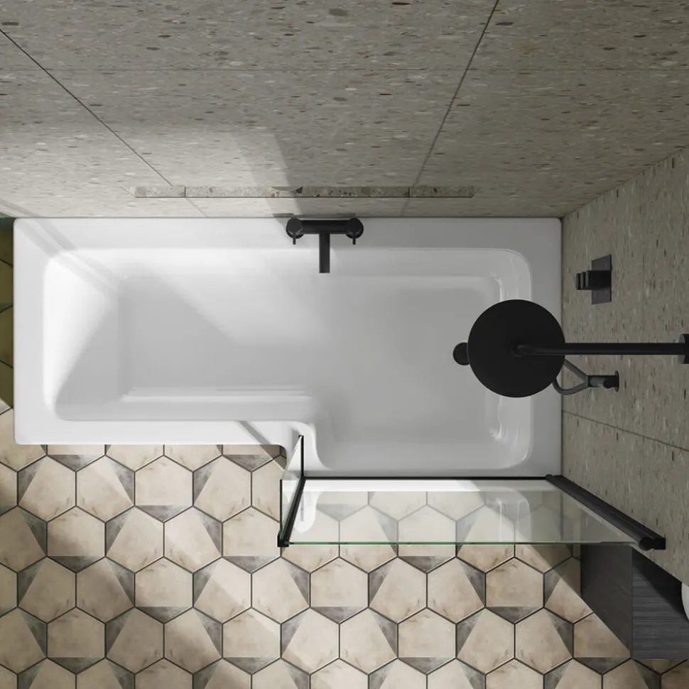 Erin Matt Black Shower Bath Suite with 1700mm L Shaped Bath & Rimless Toilet