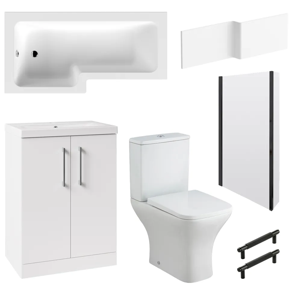 Erin Matt Black Shower Bath Suite with 1700mm L Shaped Bath & Rimless Toilet