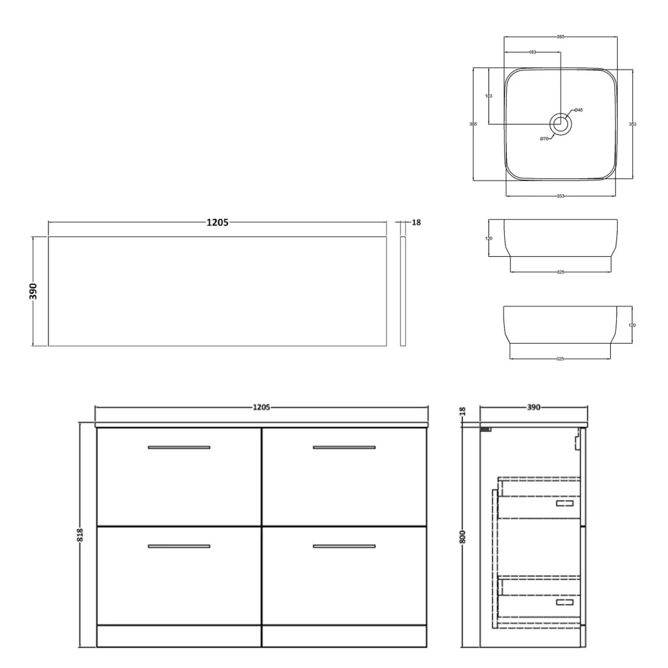 Erin 1200mm Floorstanding 4 Drawer Vanity Unit & Double Countertop