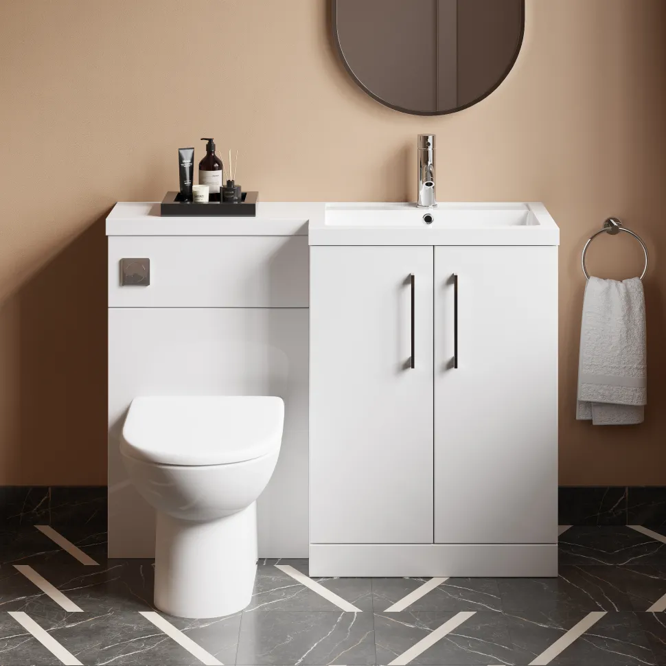 Erin 1100mm Gloss White Combination Bathroom 2 Door Sink & Toilet Unit
