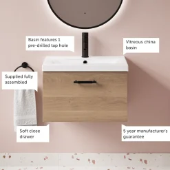 Erin 600mm Wall Mounted 1 Drawer Vanity Unit & Basin