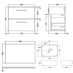 Erin 600mm Wall Mounted 2 Drawer Vanity Unit & Countertop