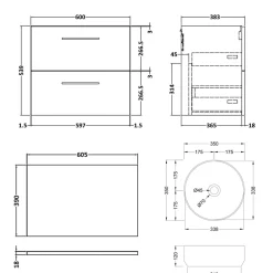 Erin 600mm Wall Mounted 2 Drawer Vanity Unit & Countertop