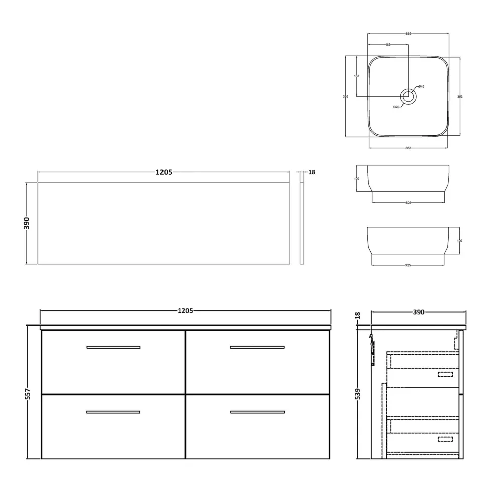 Erin 1200mm Wall Mounted 4 Drawer Vanity Unit & Double Countertop
