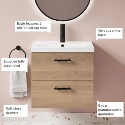 Erin 600mm Wall Mounted 2 Drawer Vanity Unit & Basin