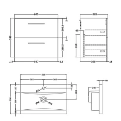 Erin 600mm Wall Mounted 2 Drawer Vanity Unit & Basin