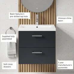 Erin 600mm Wall Mounted 2 Drawer Vanity Unit & Basin