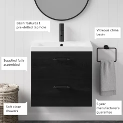 Erin 600mm Wall Mounted 2 Drawer Vanity Unit & Basin