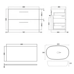 Erin 800mm Wall Mounted 2 Drawer Vanity Unit & Countertop