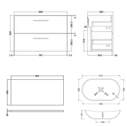 Erin 800mm Wall Mounted 2 Drawer Vanity Unit & Countertop