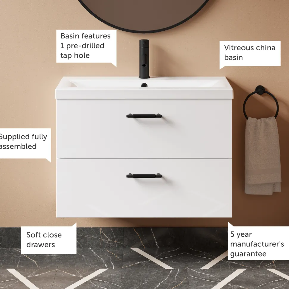 Erin 800mm Wall Mounted 2 Drawer Vanity Unit & Basin