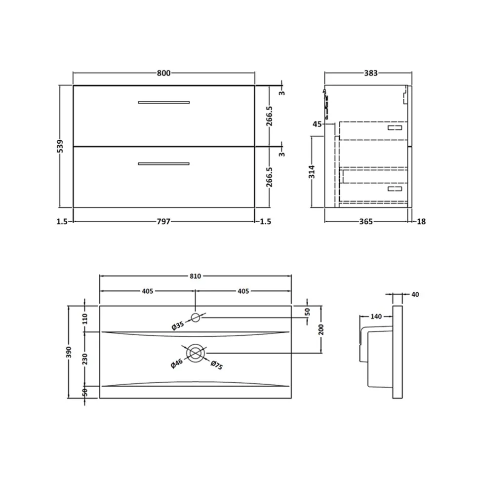 Erin 800mm Wall Mounted 2 Drawer Vanity Unit & Basin