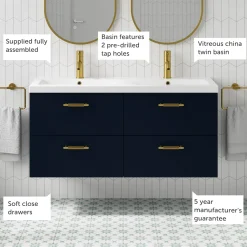Erin 1200mm Wall Mounted 4 Drawer Vanity Unit & Double Basin