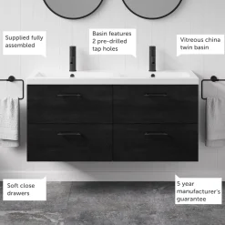 Erin 1200mm Wall Mounted 4 Drawer Vanity Unit & Double Basin