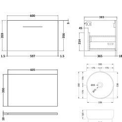 Erin 600mm Wall Mounted 1 Drawer Vanity Unit & Countertop