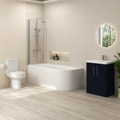 Erin Modern Shower Bath Suite with 1700mm J Shaped Bath & Rimless Toilet
