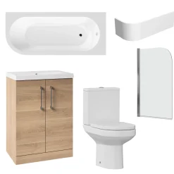 Erin Modern Shower Bath Suite with 1700mm J Shaped Bath & Rimless Toilet