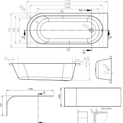 Erin Modern Shower Bath Suite with 1700mm J Shaped Bath & Rimless Toilet