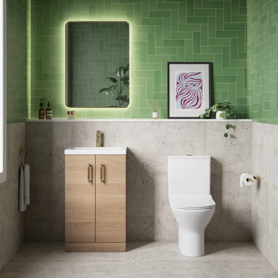 Erin Rimless Toilet & Vanity Unit Bathroom Suite Set with Brushed Brass Handles