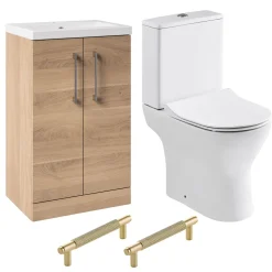 Erin Rimless Toilet & Vanity Unit Bathroom Suite Set with Brushed Brass Handles