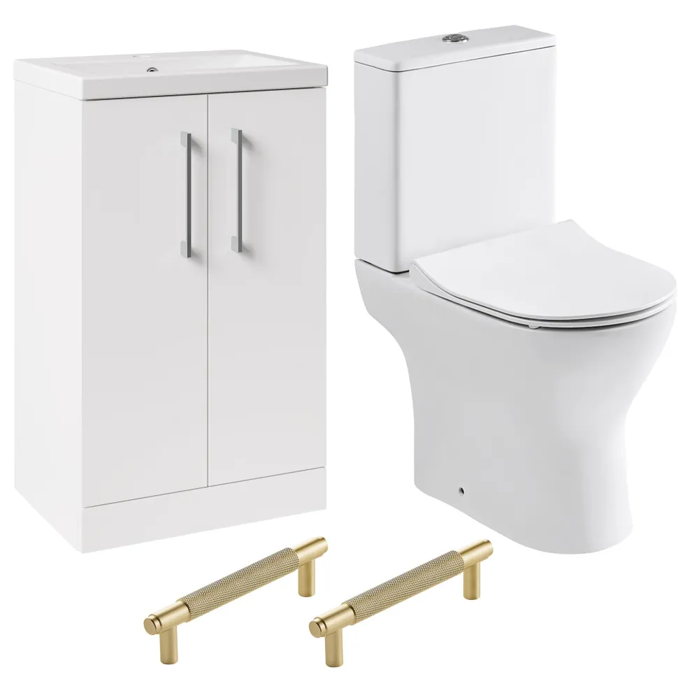 Erin Rimless Toilet & Vanity Unit Bathroom Suite Set with Brushed Brass Handles